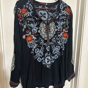 Johnny Was Black Blouse with Colorful Embroidery